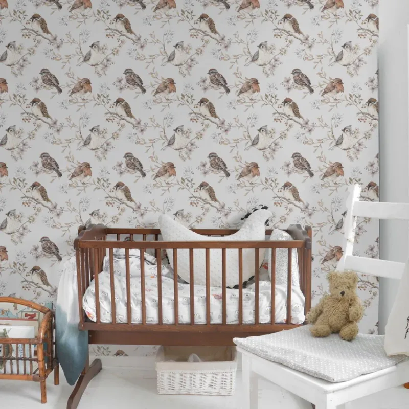 DEKORNIK - Papier Peint Pour Enfants Blanc - gris Oiseaux