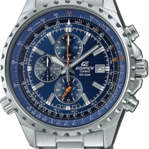 Herrenarmbanduhr-Chronograph mit blauem Zifferblatt und Edelstahlarmband.