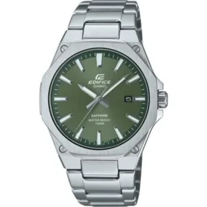 Herrenuhr mit grünem Zifferblatt, Metallarmband und Datumsfenster bei 3 Uhr