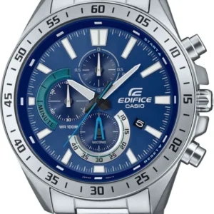 Herrenarmbanduhr mit blauem Chronograph-Zifferblatt, Edelstahlgehäuse und -armband.