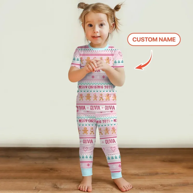 Ginger bread the Pink Custom Name Two Piece Short Sleeve Pajama Set , Ginger bread the Pink Custom Name Two Piece Short Sleeve Pajama Set - 12-18M