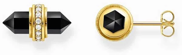 Goldfarbene Ohrstecker mit schwarzem sechseckigem Kristall und weißen Ziersteinen