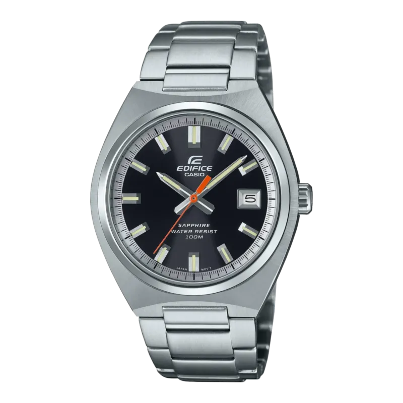 Casio Edifice Herrenarmbanduhr mit Stahlarmband, schwarzem Zifferblatt, Indexen und Datum