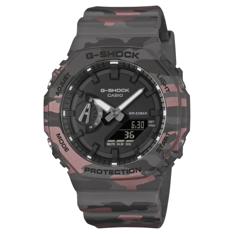 Casio G-SHOCK GA-2100 Herrenuhr mit grauem Tarnmuster-Resinband und schwarzem Zifferblatt