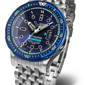 Vostok Europe Herrenuhr mit blauem Zifferblatt, Stahlband und leuchtenden Zeigern