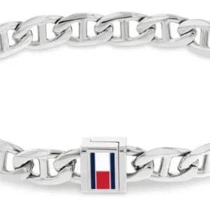 Herren-Gliederarmband aus Edelstahl mit rechteckigem Logo-Detail, silbern