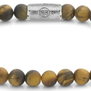 Armband mit runden Tigerauge-Natursteinperlen und rechteckigem Edelstahlverschluss
