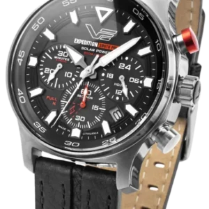 Herrenarmbanduhr mit schwarzem Zifferblatt, Edelstahlgehäuse und schwarzem Lederband